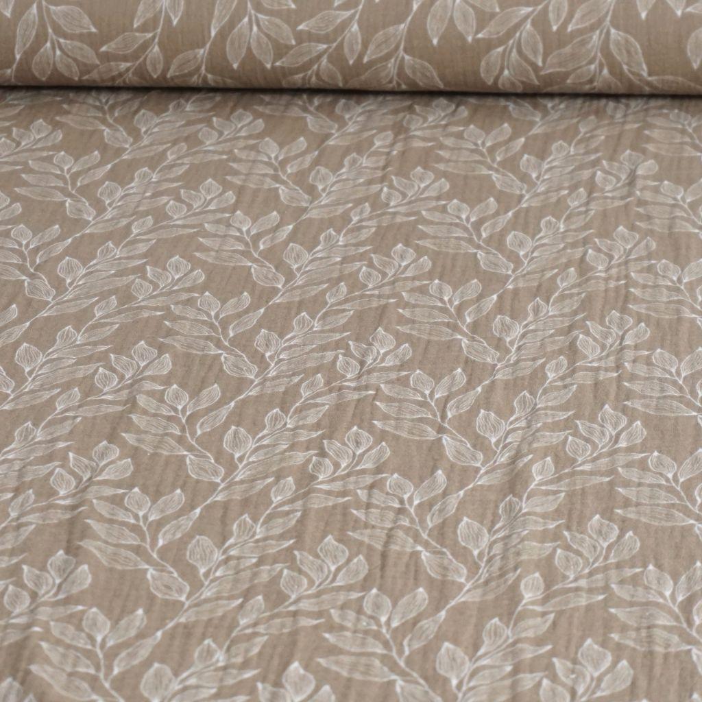 Musselin Double Gauze Zweige mit Blättern beige weiß